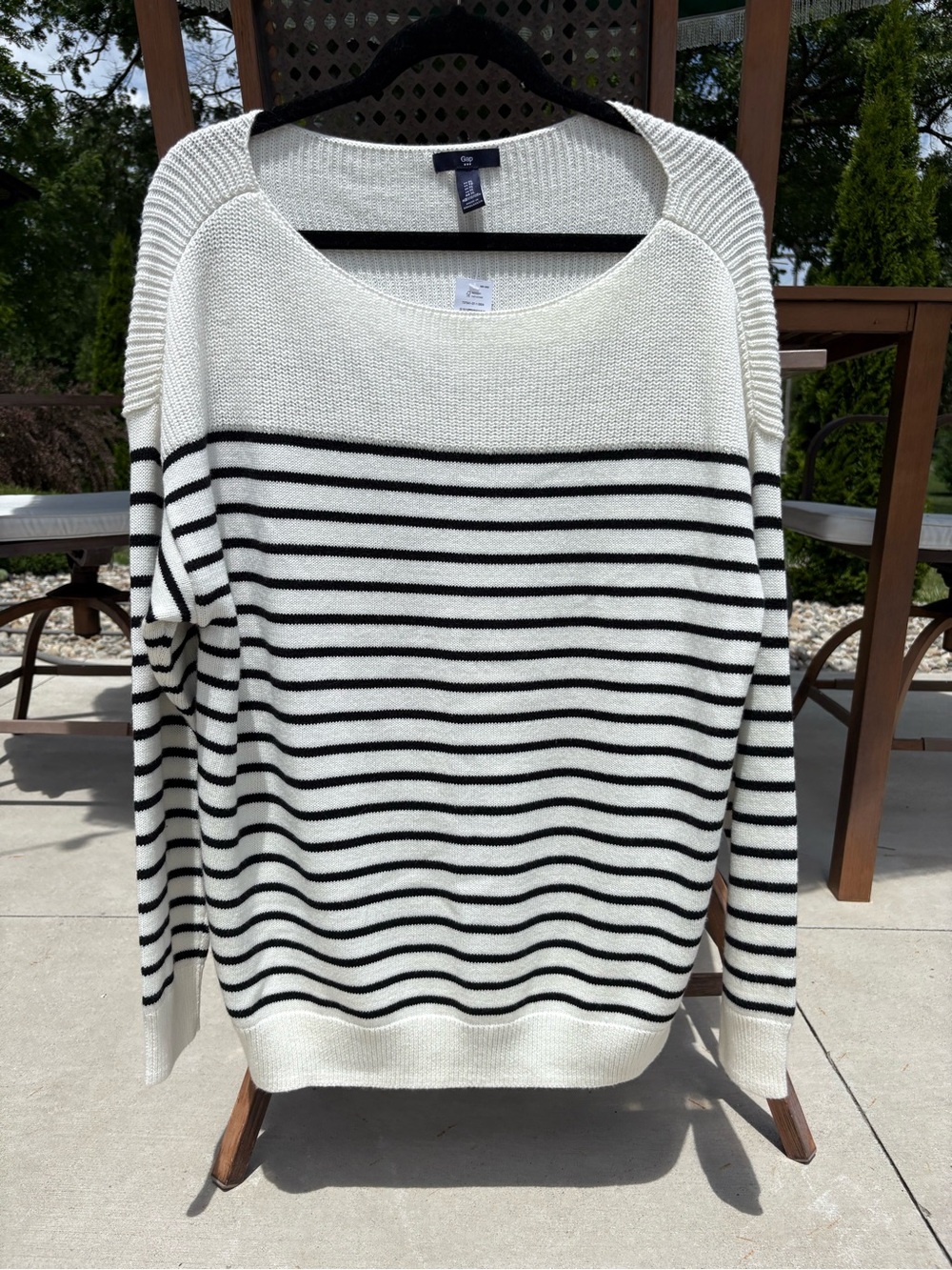 Gap Women's Cream and Black Stripe Sweater - Classic Boatneck- XL